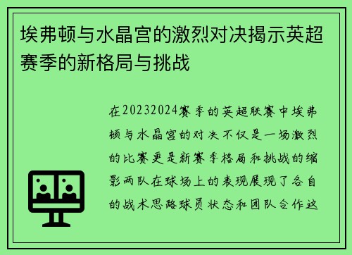 埃弗顿与水晶宫的激烈对决揭示英超赛季的新格局与挑战