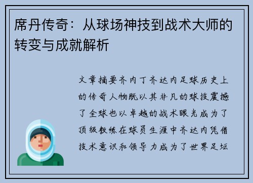 席丹传奇：从球场神技到战术大师的转变与成就解析